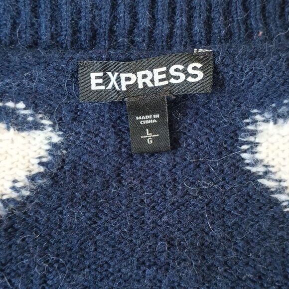 Express Sweater Large Blue with White Hearts Print Acrylic Wool Mohair Blend Top - Picture 7 of 12